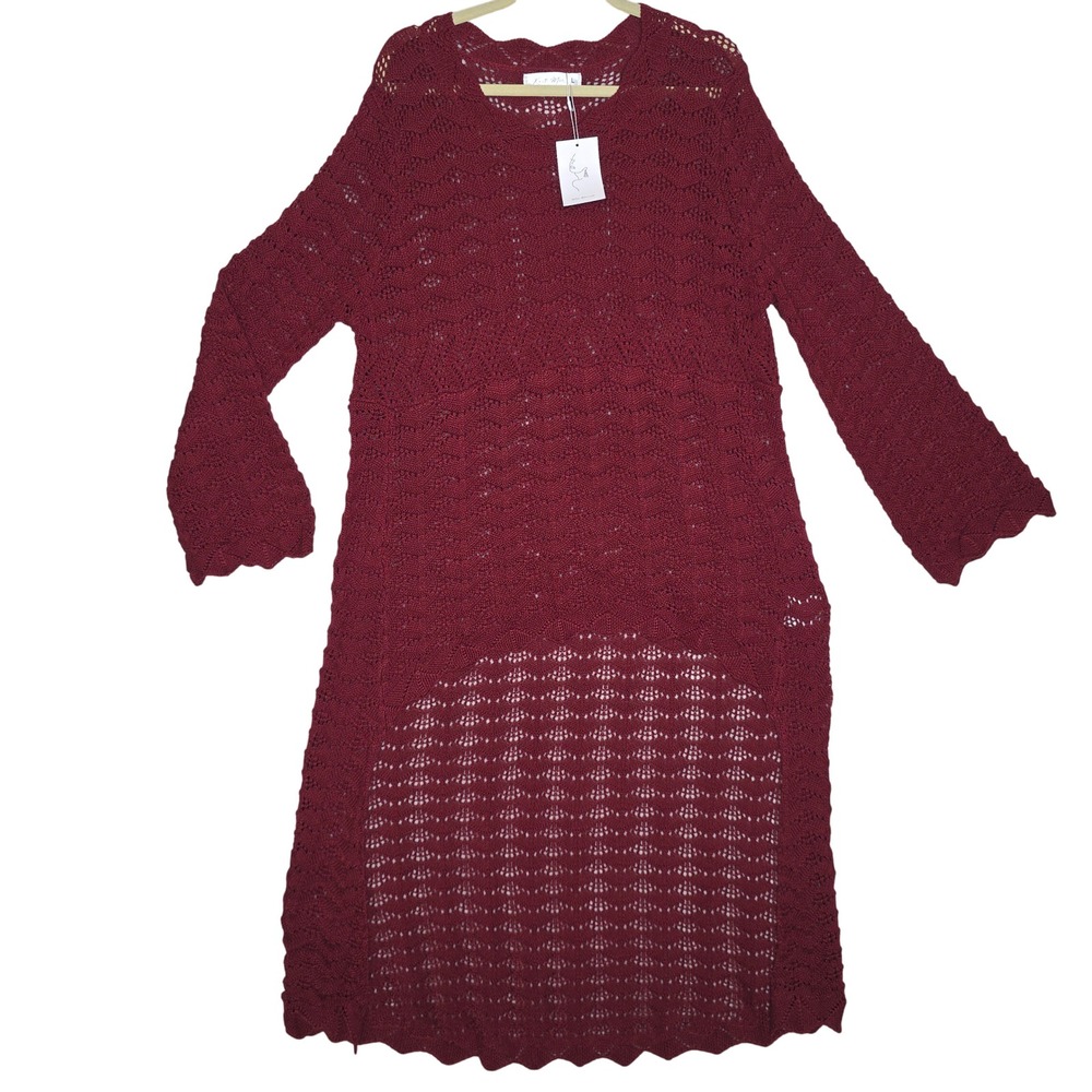Burgundy NWT L Crochet Lace Long Open Front Cardigan Duster Sweater Dress Artzy